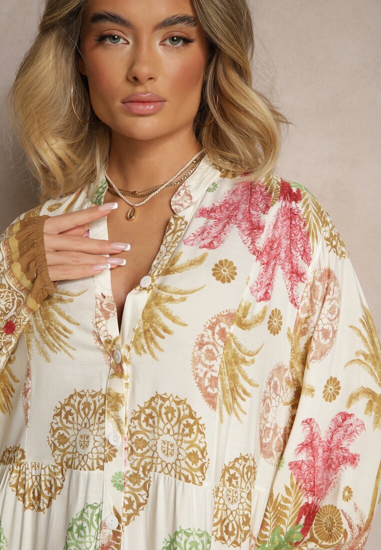 cflo Rochie Bej din Viscoză Cloș cu Imprimeu Boho Aedia