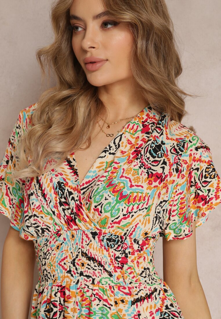 cflo Rochie bej din viscoză cu elastic în talie decorată cu imprimeu abstract Kemira