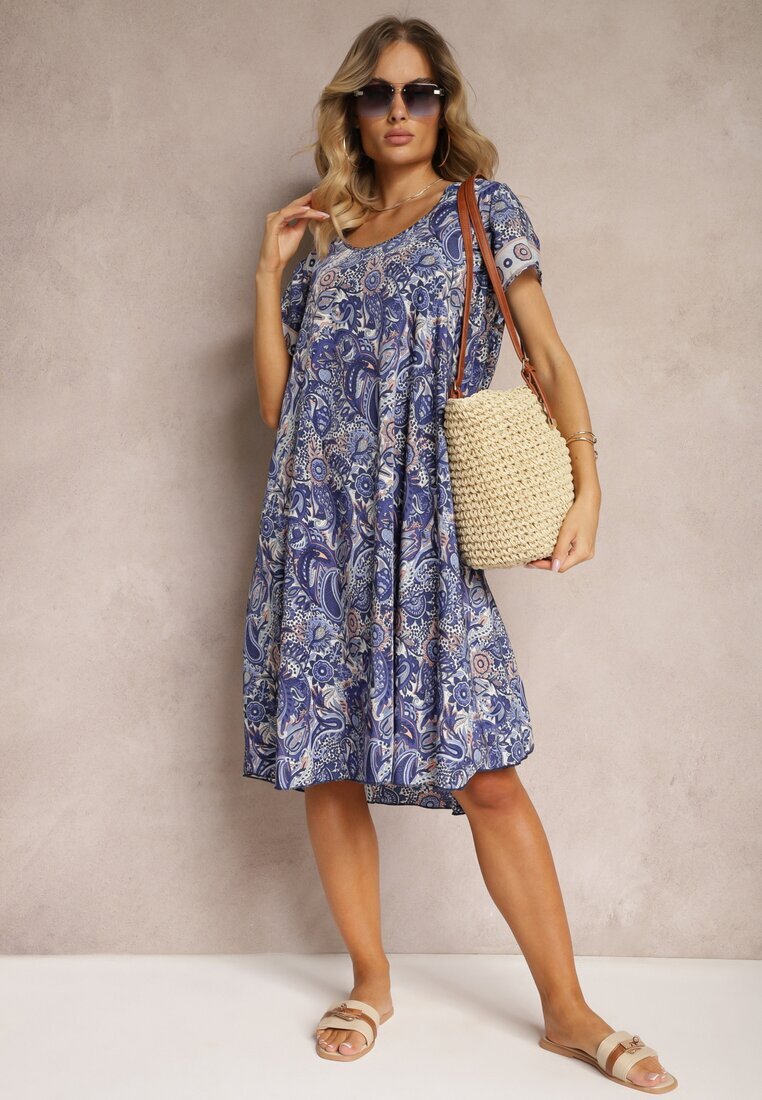 cflo Rochie Bleumarin Boho din Vâscoză cu Curea Subțire în Talie Rivasea