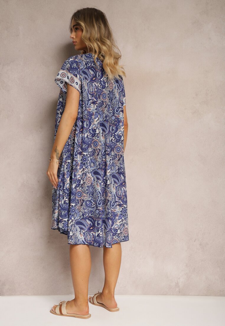 cflo Rochie Bleumarin Boho din Vâscoză cu Curea Subțire în Talie Rivasea