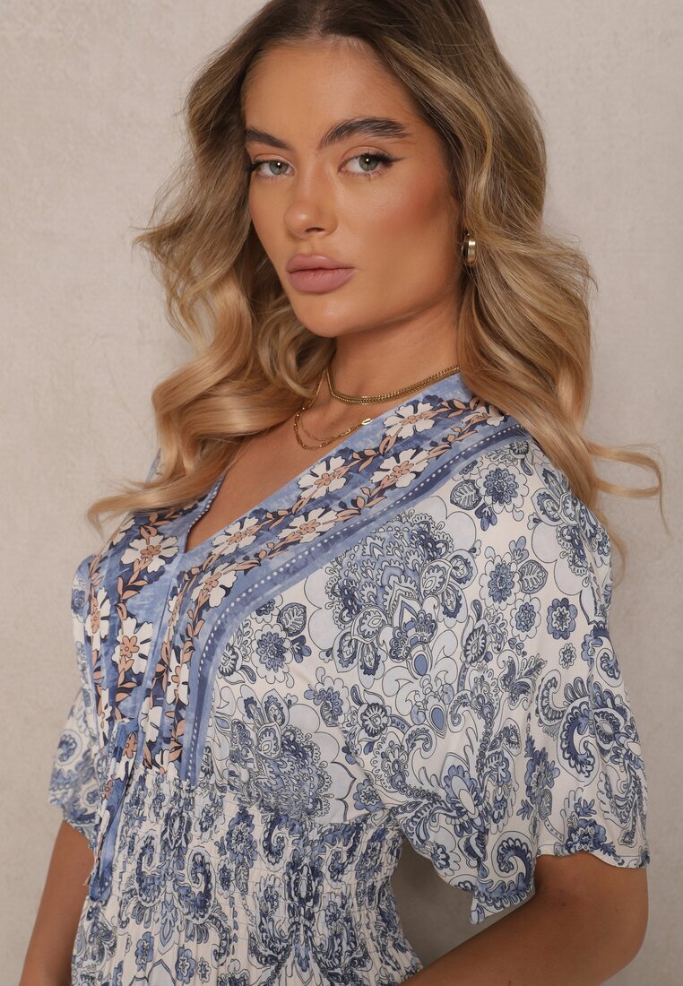cflo Rochie bleumarin din viscoză cu imprimeu ornamental și elastic lat în talie Danissna