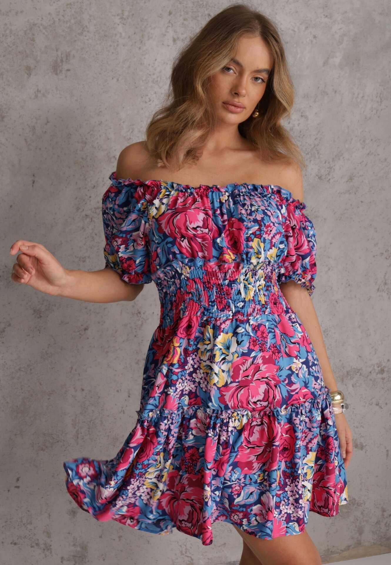 cflo Rochie bleumarin evazată mini cu elastic în talie și mâneci scurte din viscoză Merrelle