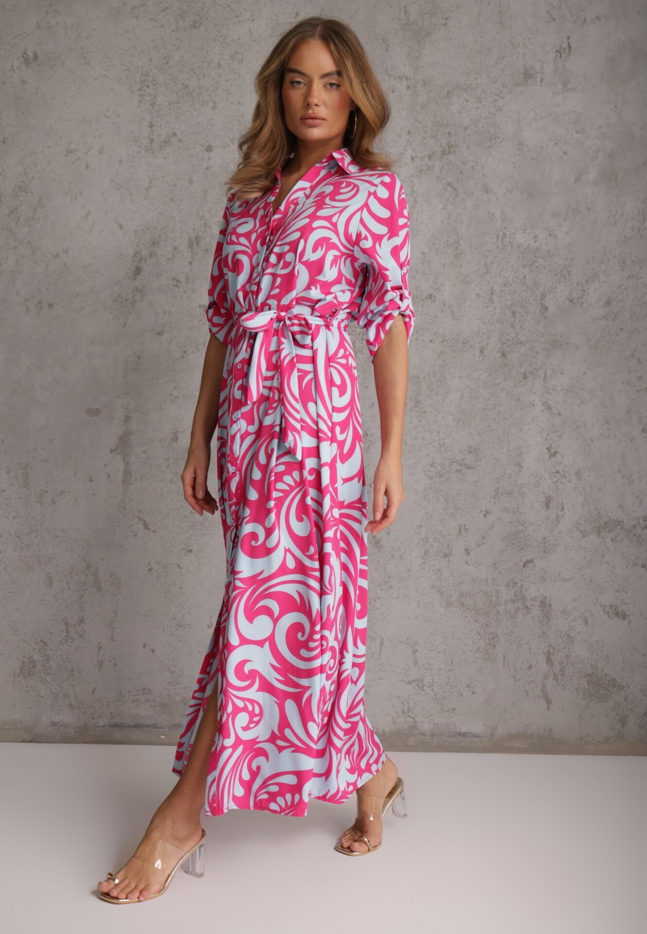 cflo Rochie Cămașă Fucsia-Albastru Maxi cu Curea din Material cu Imprimeu Abstract Lirans