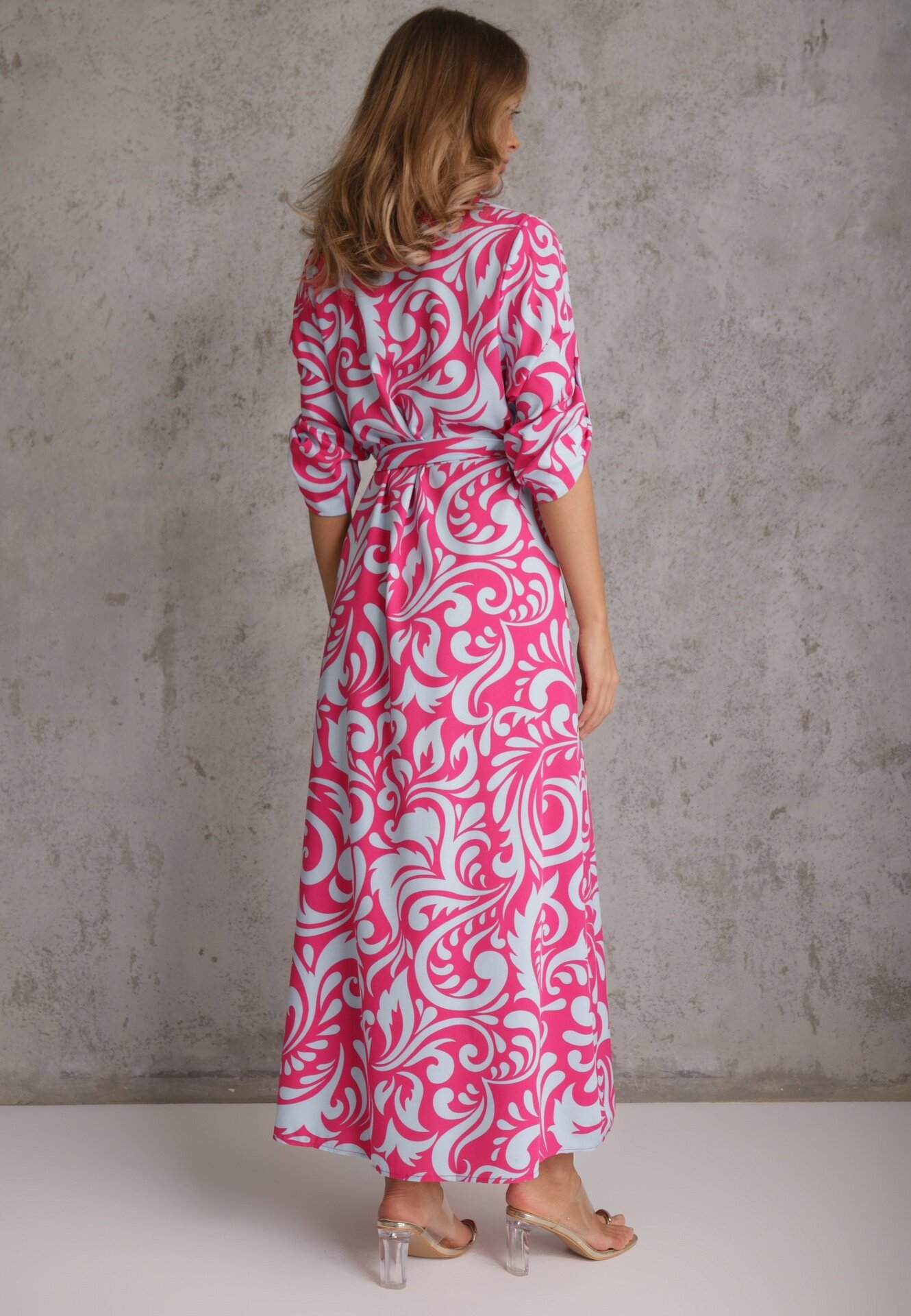 cflo Rochie Cămașă Fucsia-Albastru Maxi cu Curea din Material cu Imprimeu Abstract Lirans