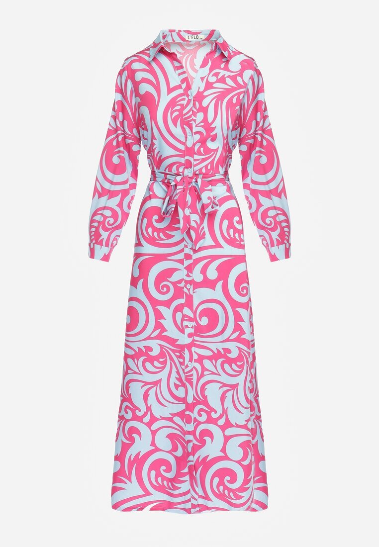 cflo Rochie Cămașă Fucsia-Albastru Maxi cu Curea din Material cu Imprimeu Abstract Lirans