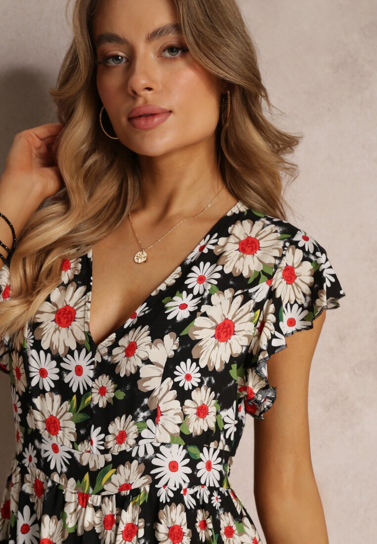 cflo Rochie Cambrată Neagră Mini cu Flori cu Elastic în Talie Teziovi