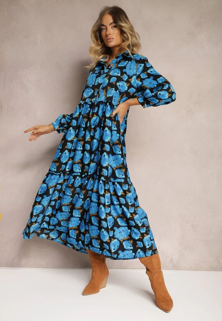 cflo Rochie Cloche Albastru-Negru cu Volan la Bază și Model cu Trandafiri Abstracți Renaisse