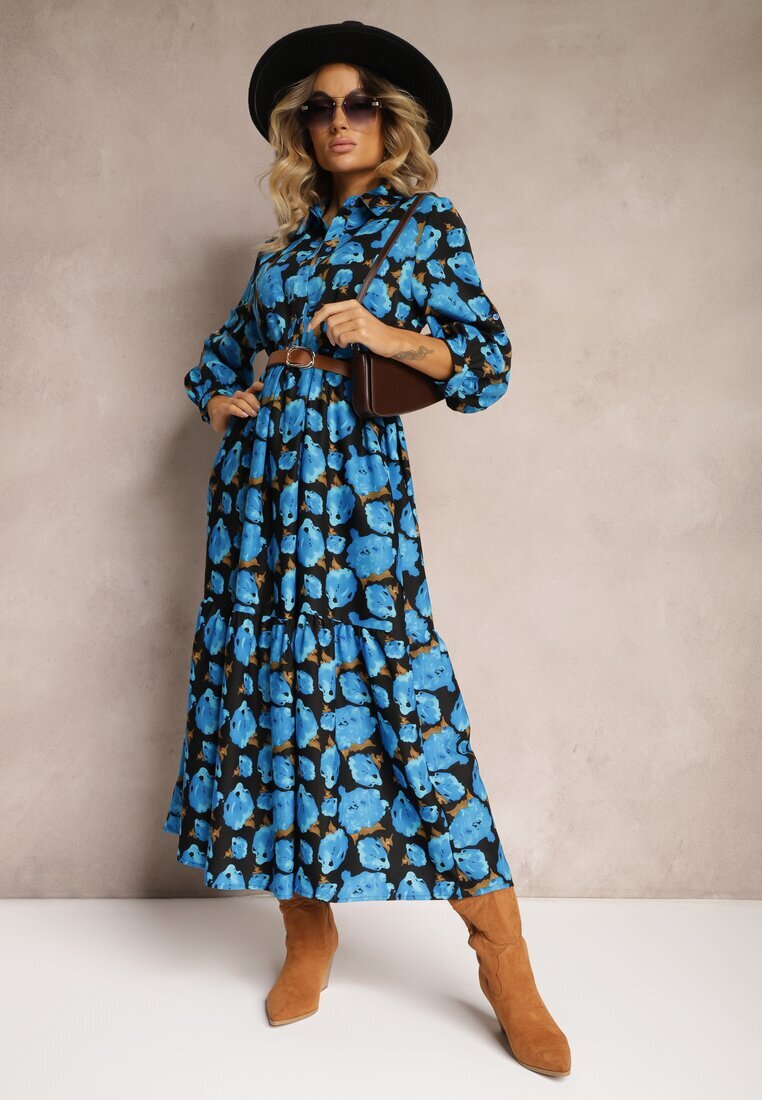 cflo Rochie Cloche Albastru-Negru cu Volan la Bază și Model cu Trandafiri Abstracți Renaisse
