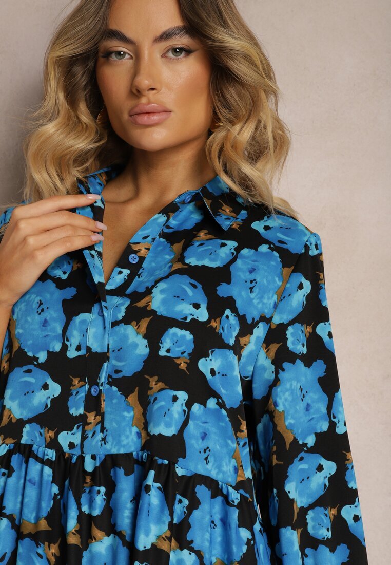 cflo Rochie Cloche Albastru-Negru cu Volan la Bază și Model cu Trandafiri Abstracți Renaisse