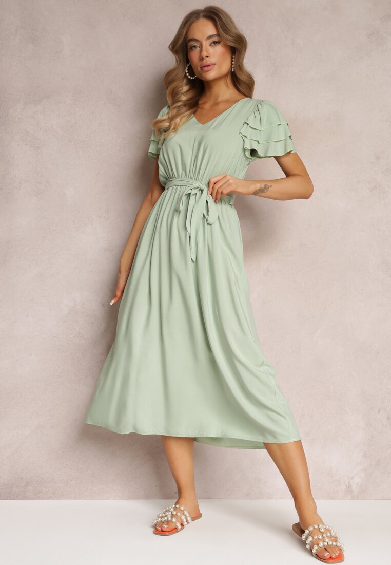 cflo Rochie de Vâscoză Verde deschis Midi cu elastic în talie și volane Nenora