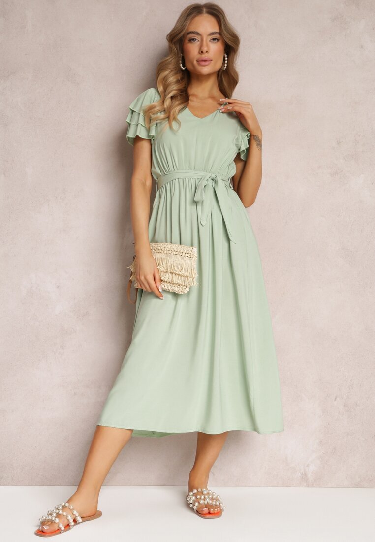 cflo Rochie de Vâscoză Verde deschis Midi cu elastic în talie și volane Nenora