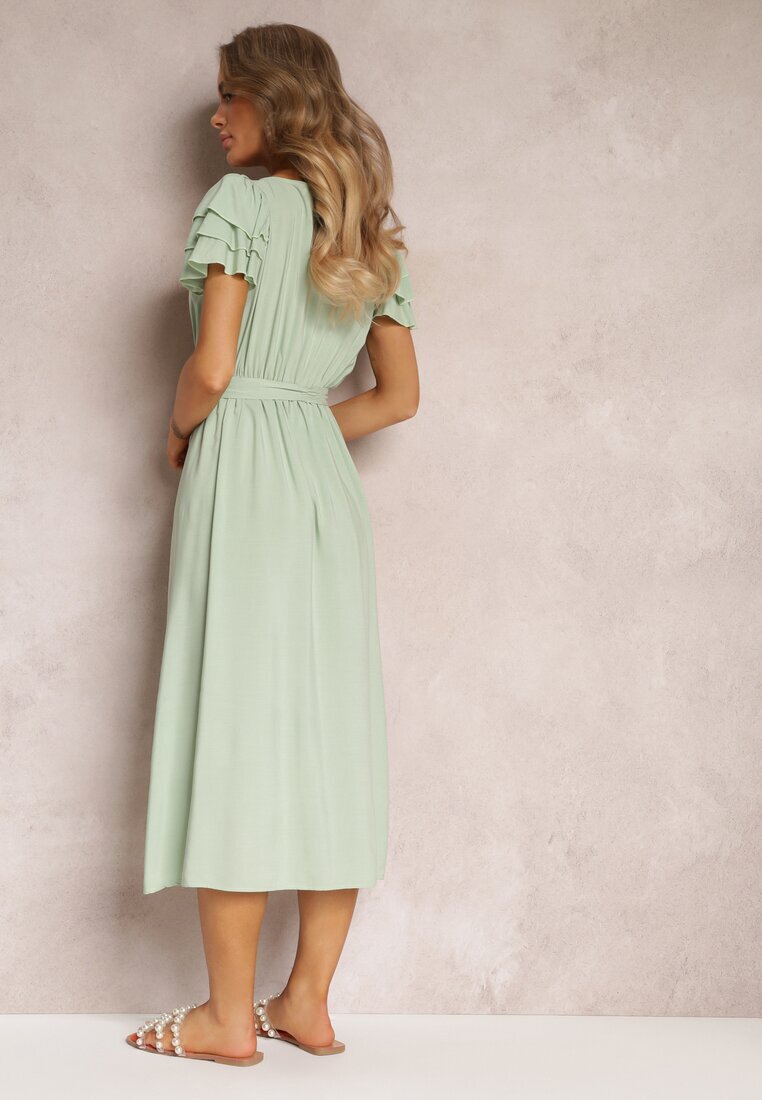 cflo Rochie de Vâscoză Verde deschis Midi cu elastic în talie și volane Nenora