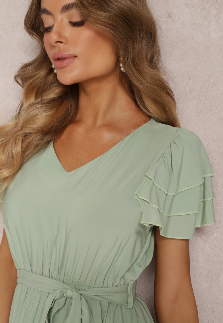 cflo Rochie de Vâscoză Verde deschis Midi cu elastic în talie și volane Nenora
