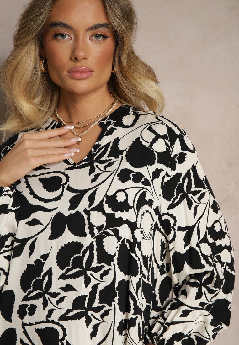 cflo Rochie Dreaptă Neagră din Viscoză cu Imprimeu Floral Ridielia