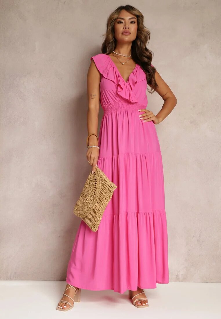 cflo Rochie Evazată Fuchsia Maxi cu Elastic în Talie și Volan Laylani