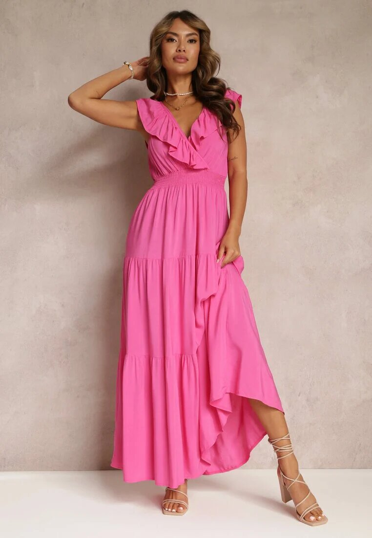 cflo Rochie Evazată Fuchsia Maxi cu Elastic în Talie și Volan Laylani