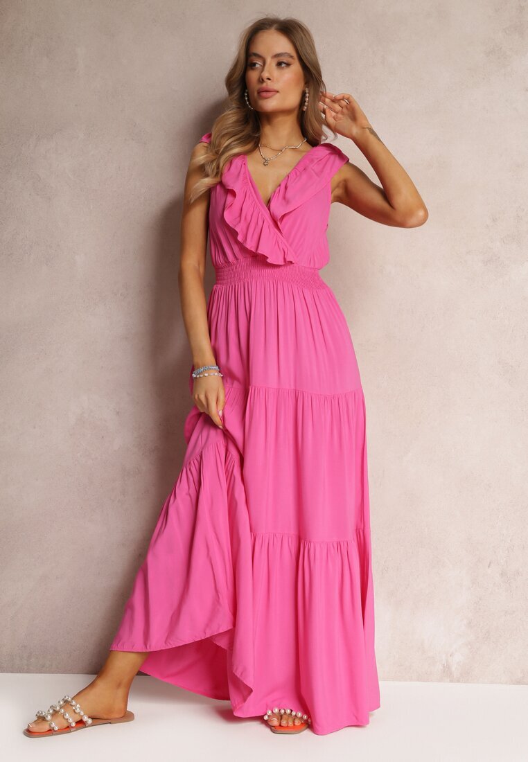cflo Rochie Evazată Fuchsia Maxi cu Elastic în Talie și Volan Laylani