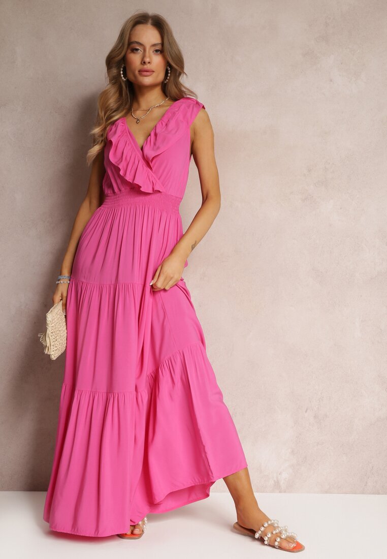 cflo Rochie Evazată Fuchsia Maxi cu Elastic în Talie și Volan Laylani