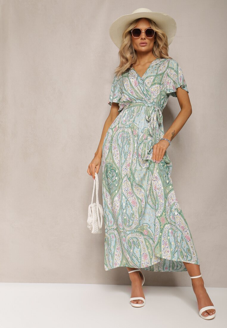 cflo Rochie Evazată Verde deschis din Vâscoză cu Centură și Model Decorativ Briarwin