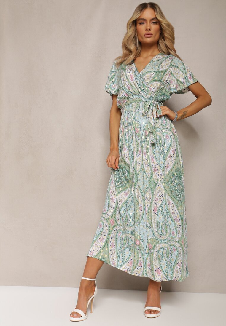 cflo Rochie Evazată Verde deschis din Vâscoză cu Centură și Model Decorativ Briarwin