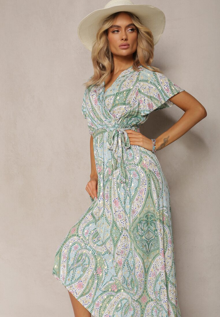 cflo Rochie Evazată Verde deschis din Vâscoză cu Centură și Model Decorativ Briarwin