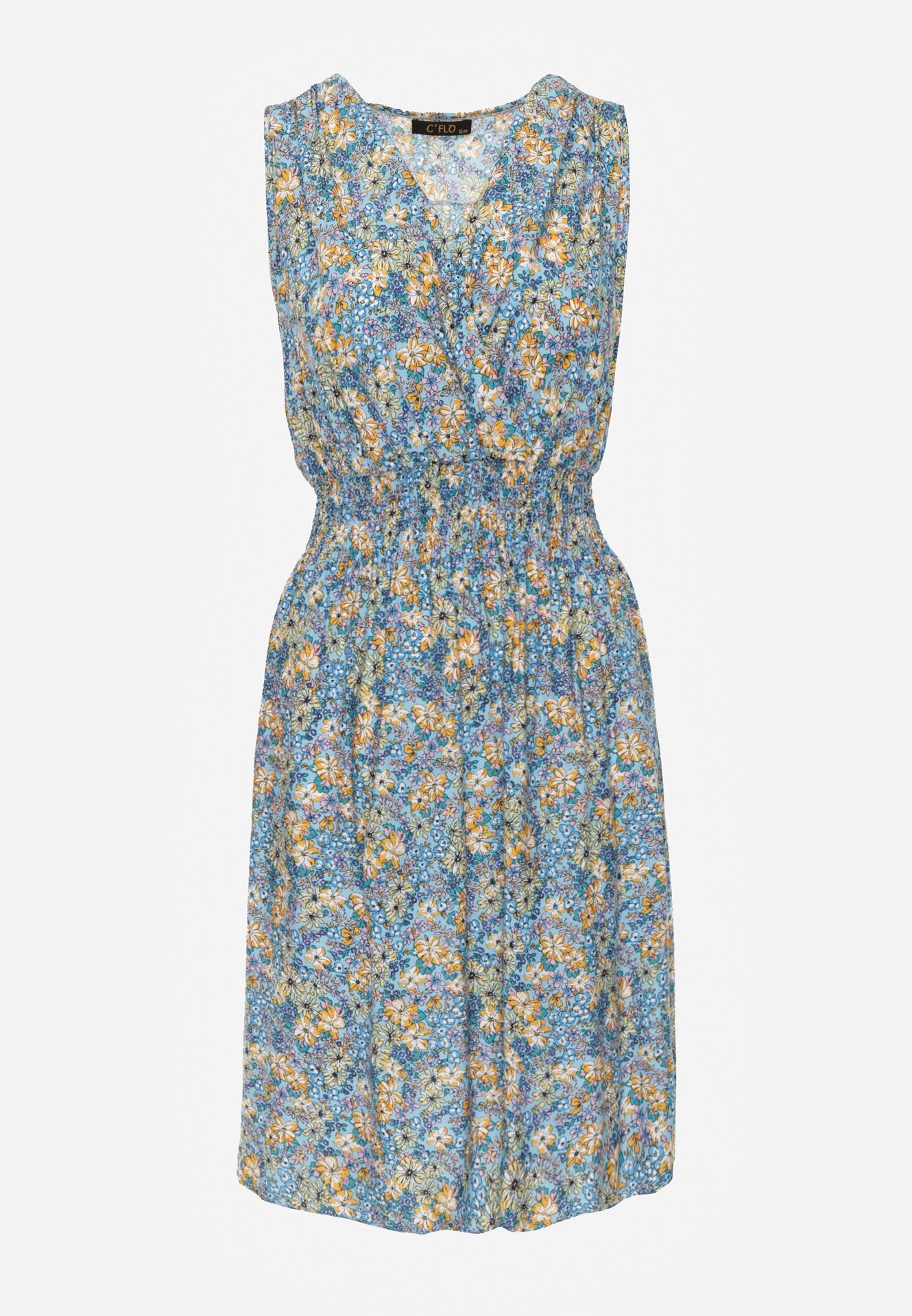 cflo Rochie Florală Albastră deschis Midi din Viscoză Fără Mâneci cu Elastic în Talie Sarunna