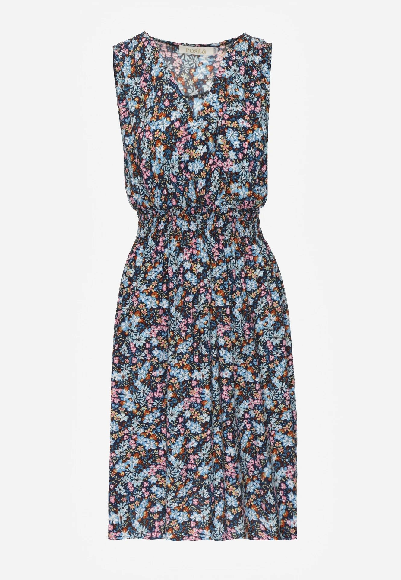 cflo Rochie Florală Bleumarin Midi din Viscoză Fără Mâneci cu Elastic în Talie Sarunna