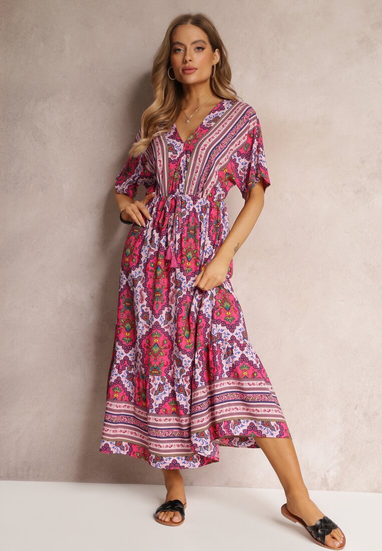cflo Rochie Fucsia din Viscoză Maxi cu elastic în talie și Volan Cophine