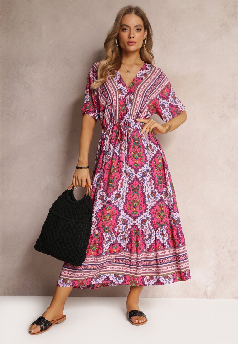 cflo Rochie Fucsia din Viscoză Maxi cu elastic în talie și Volan Cophine