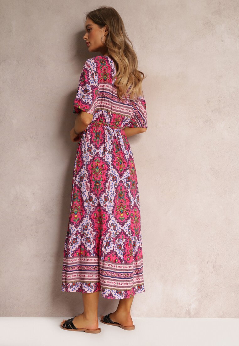 cflo Rochie Fucsia din Viscoză Maxi cu elastic în talie și Volan Cophine