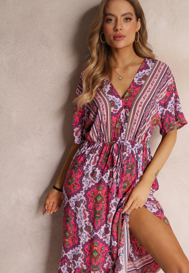 cflo Rochie Fucsia din Viscoză Maxi cu elastic în talie și Volan Cophine