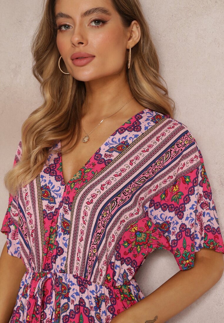cflo Rochie Fucsia din Viscoză Maxi cu elastic în talie și Volan Cophine