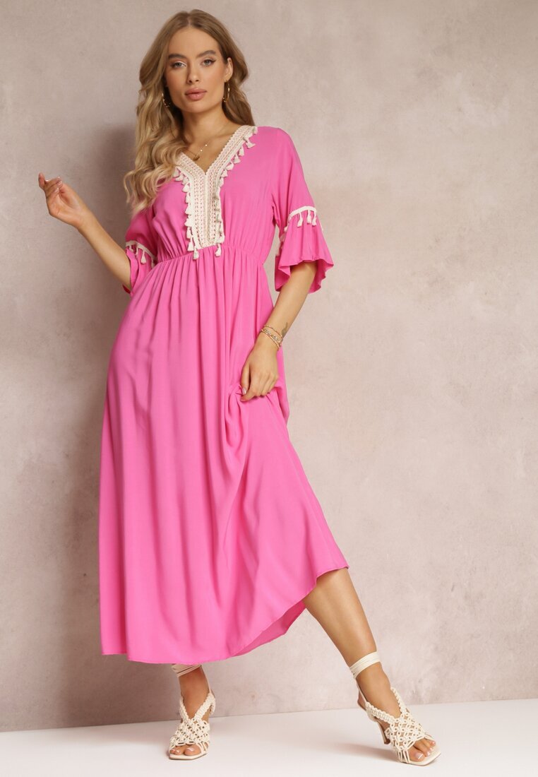 cflo Rochie Fucsia Maxi cu elastic în talie cu ciucuri decorativi din vâscoză Zisel
