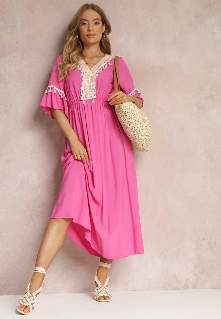 cflo Rochie Fucsia Maxi cu elastic în talie cu ciucuri decorativi din vâscoză Zisel