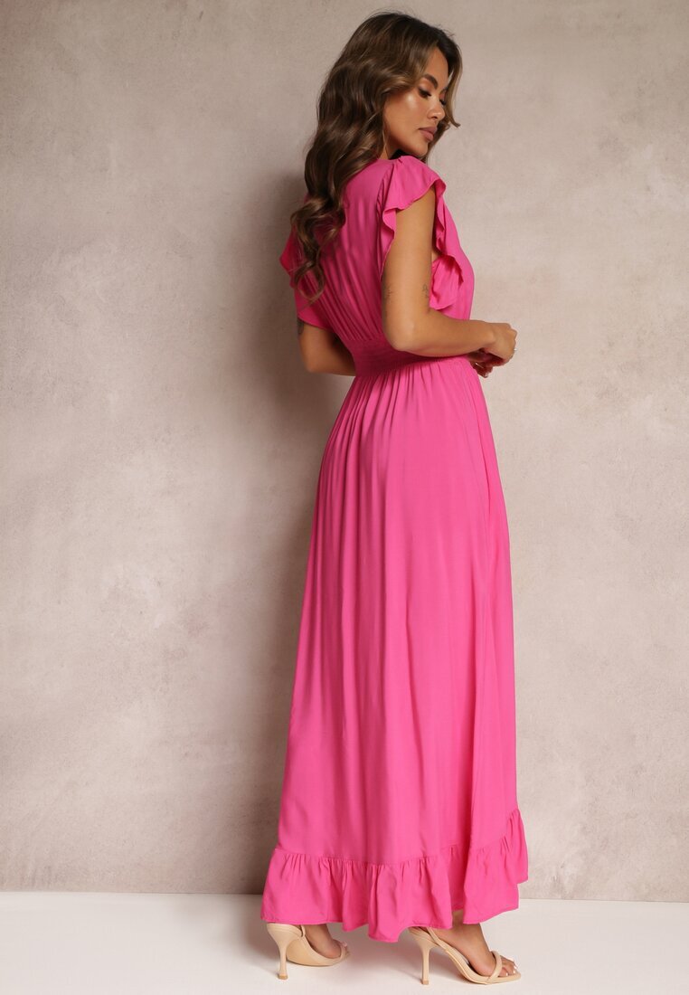 cflo Rochie Fucsia Petrecută din Viscoză Decorată cu Volănașe Carnovie