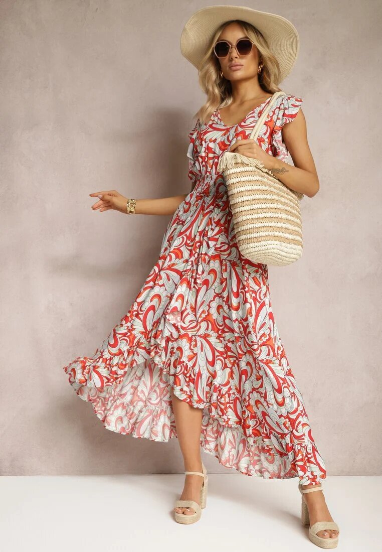 cflo Rochie Maro Boho cu Elastic în Talie și Tiv Asimetric din Viscoză Anorissa