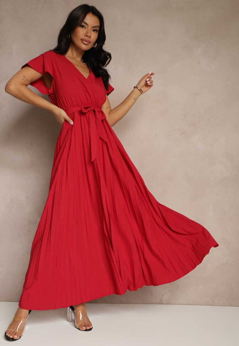 cflo Rochie Maxi De cocktail Bordeaux Decorată cu pliuri cu decolteu triunghiular și legătură în talie Phoelia