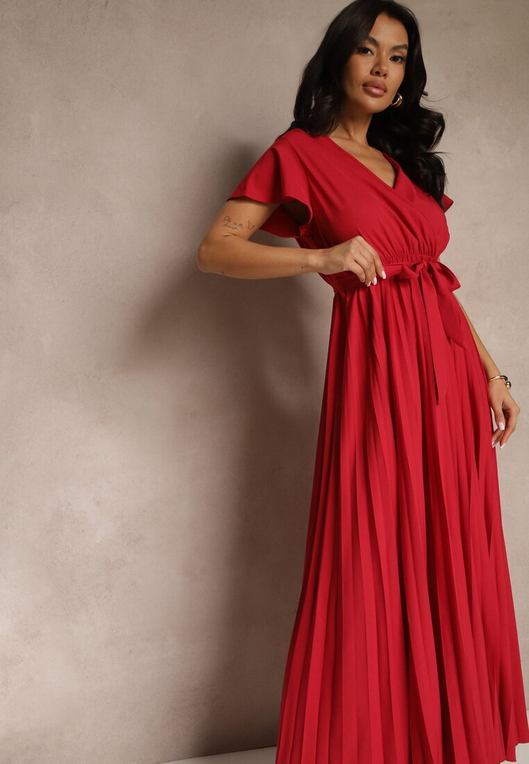cflo Rochie Maxi De cocktail Bordeaux Decorată cu pliuri cu decolteu triunghiular și legătură în talie Phoelia