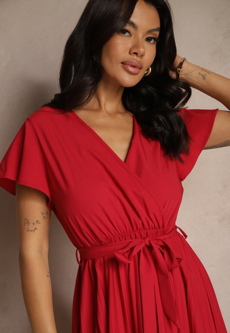 cflo Rochie Maxi De cocktail Bordeaux Decorată cu pliuri cu decolteu triunghiular și legătură în talie Phoelia