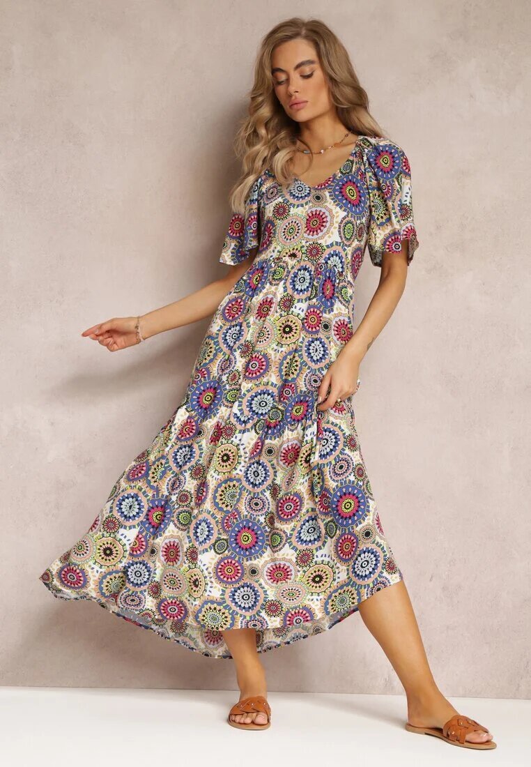 cflo Rochie Maxi din viscoză Alb-Bleumarin Florală cu poală amplă și volan Pathna