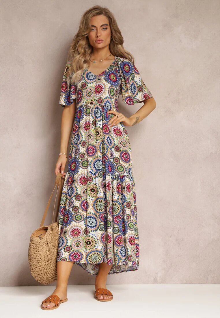 cflo Rochie Maxi din viscoză Alb-Bleumarin Florală cu poală amplă și volan Pathna