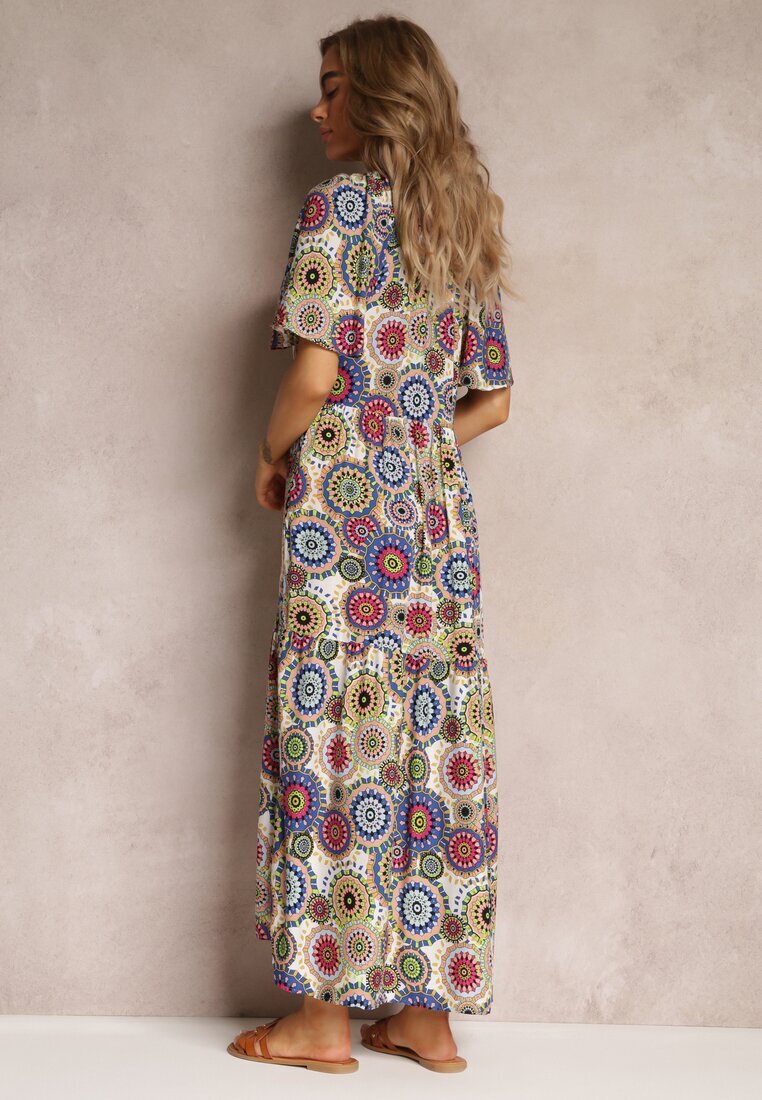 cflo Rochie Maxi din viscoză Alb-Bleumarin Florală cu poală amplă și volan Pathna