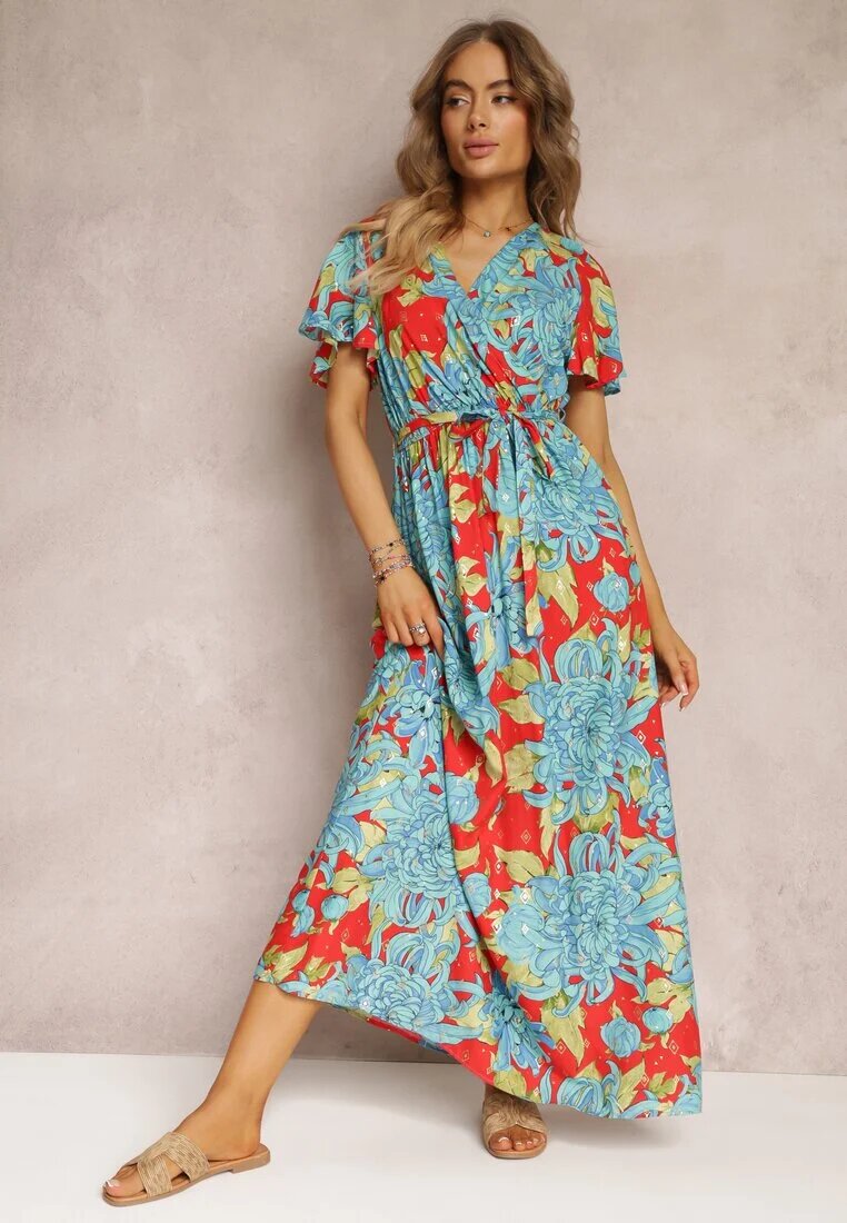 cflo Rochie maxi din viscoză Albastru-Roșu cu decolteu petrecut cu elastic în talie Lynette
