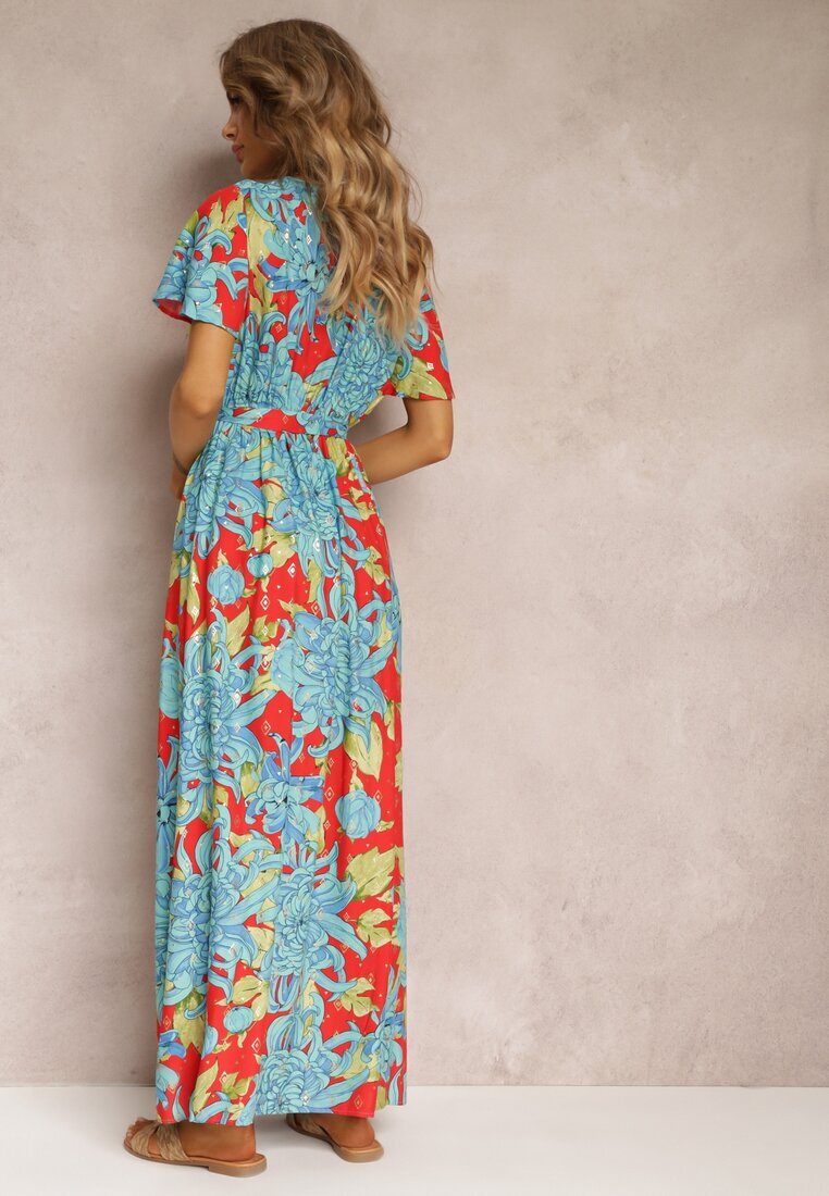 cflo Rochie maxi din viscoză Albastru-Roșu cu decolteu petrecut cu elastic în talie Lynette