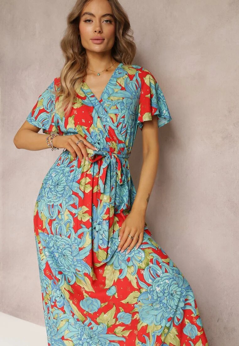 cflo Rochie maxi din viscoză Albastru-Roșu cu decolteu petrecut cu elastic în talie Lynette