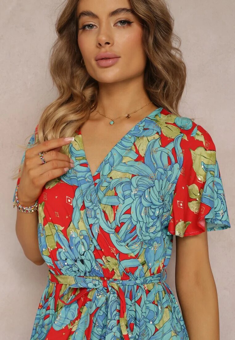 cflo Rochie maxi din viscoză Albastru-Roșu cu decolteu petrecut cu elastic în talie Lynette