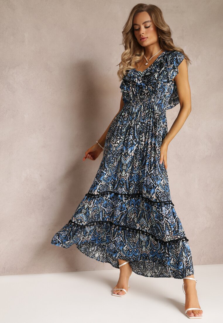 cflo Rochie Maxi din Viscoză Negru-Bleumarin cu Pompoane și cu Elastic în Talie Belmona