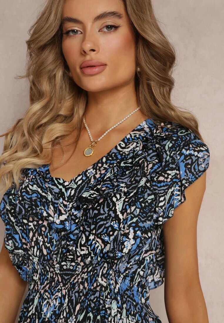 cflo Rochie Maxi din Viscoză Negru-Bleumarin cu Pompoane și cu Elastic în Talie Belmona
