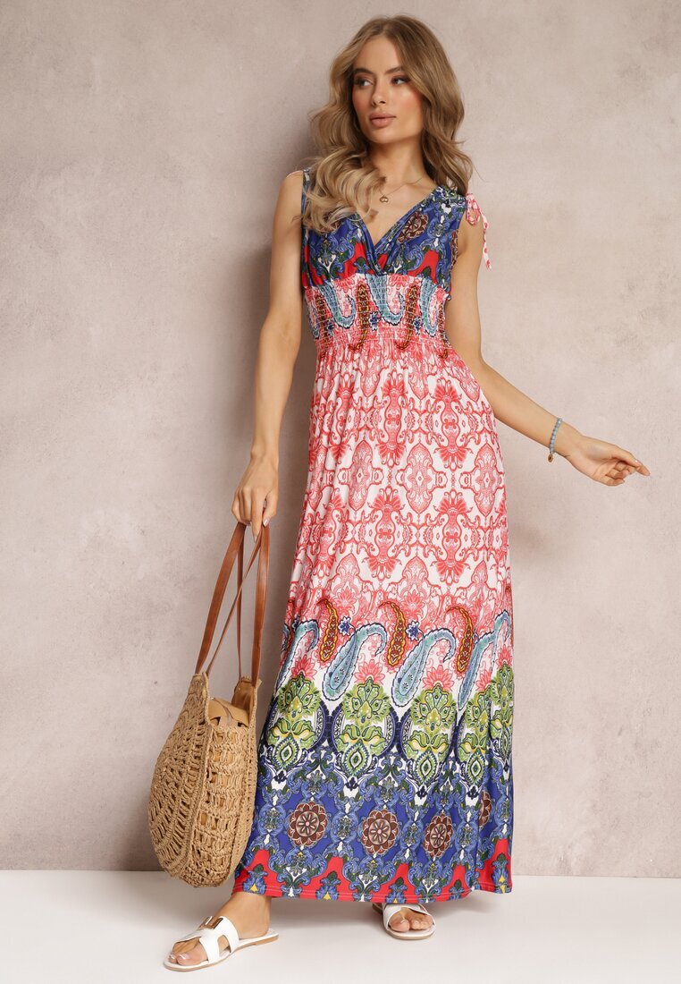 cflo Rochie Maxi Roșu-Bleumarin în Stil Boho cu Elastic în Talie Bernette