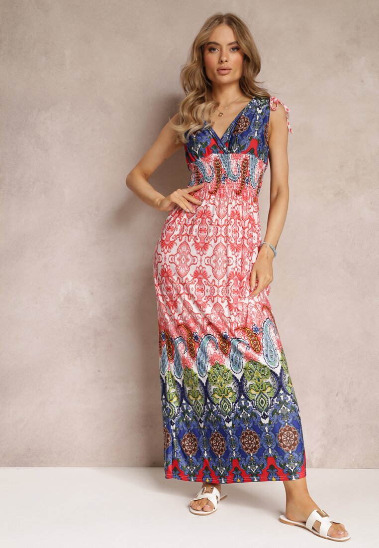 cflo Rochie Maxi Roșu-Bleumarin în Stil Boho cu Elastic în Talie Bernette